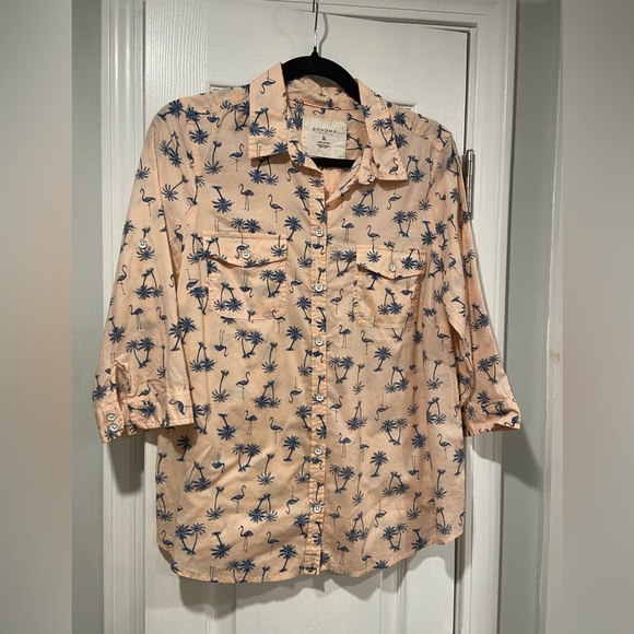 Sonoma Size M Pink Blue 3/4 Sleeve Button Down Shirt Flamingo Palm Tree Print - Picture 1 of 9